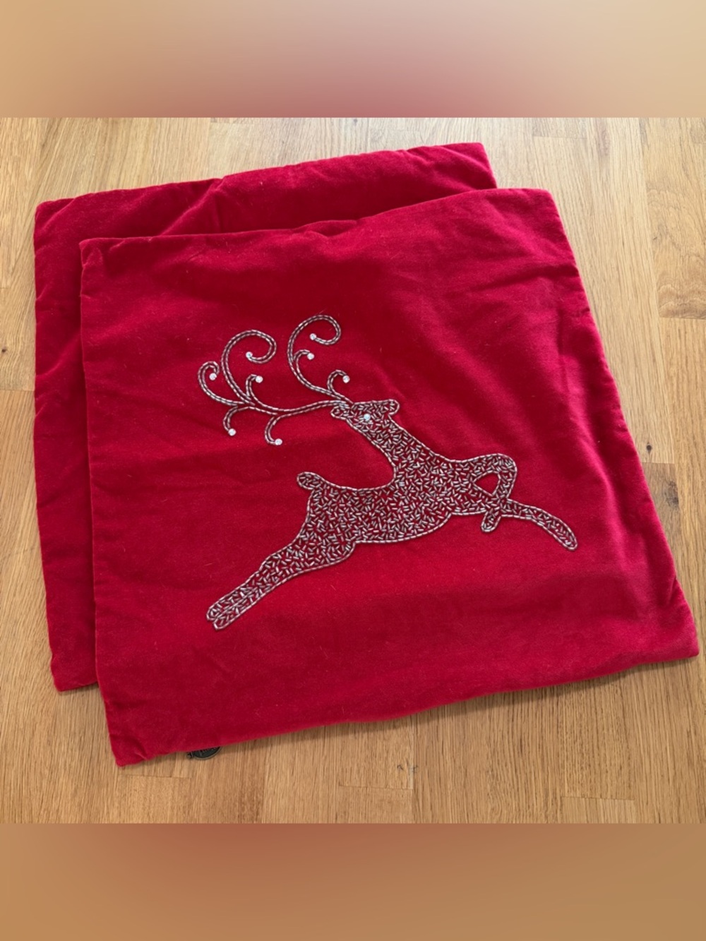 Pier 1 Lot of 2 Red Velvet Beaded Reindeer Throw Pillow Covers Holiday Christmas